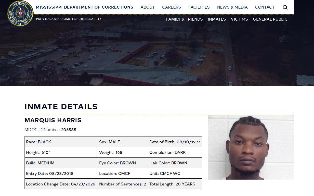 MDOC offender detail example showing a photo field relevant to Tippah County release records